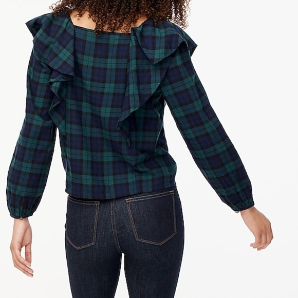 J Crew Flannel Squareneck Ruffle Top in Blackwatch Green Navy Black Plaid - Picture 2 of 7